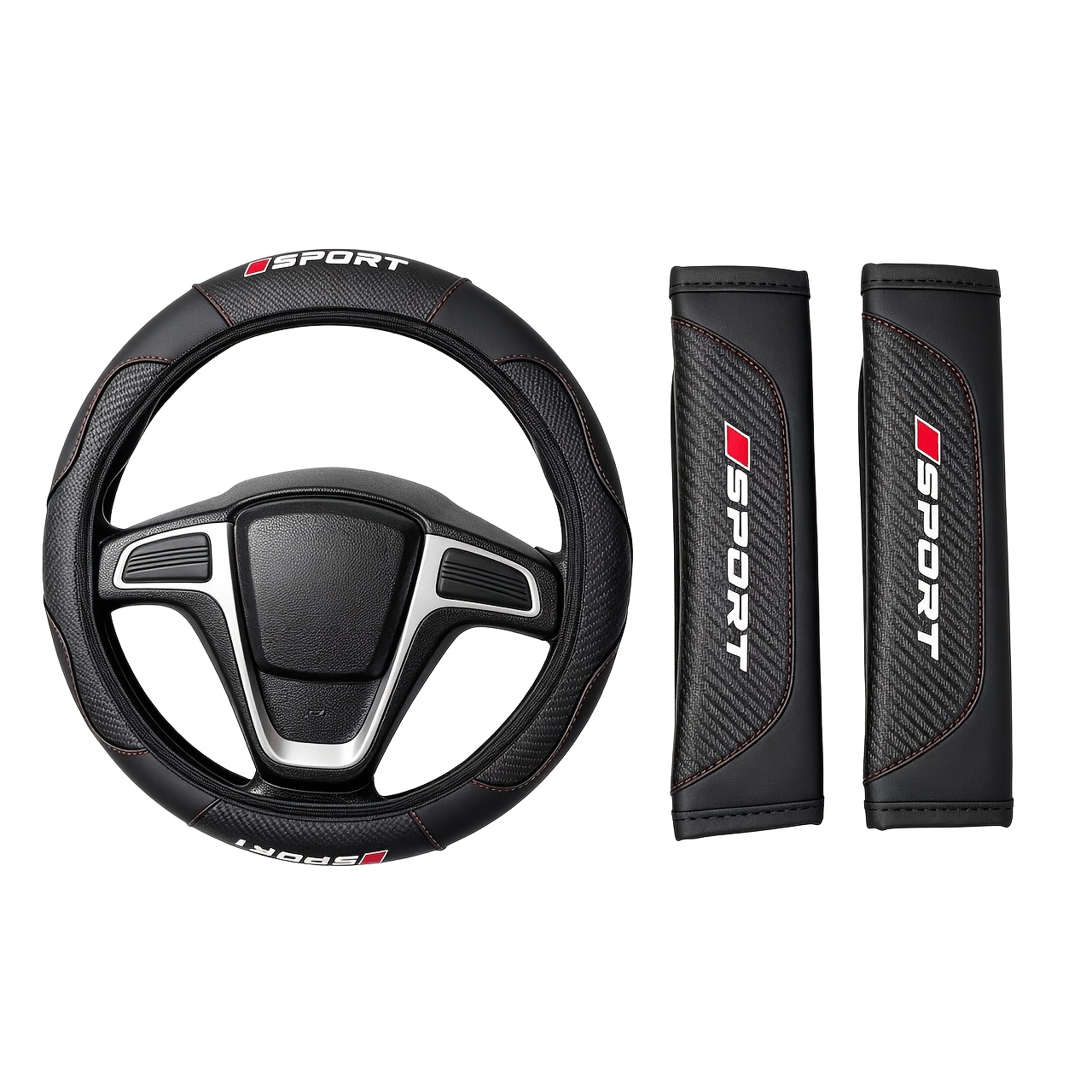 TEMU Car Interior Set, Consisting Of 1pc Car Steering Wheel Cover And 2pcs Car Seat Belt Shoulder Pad Covers. Wheel Cover Is Suitable For 15-inch