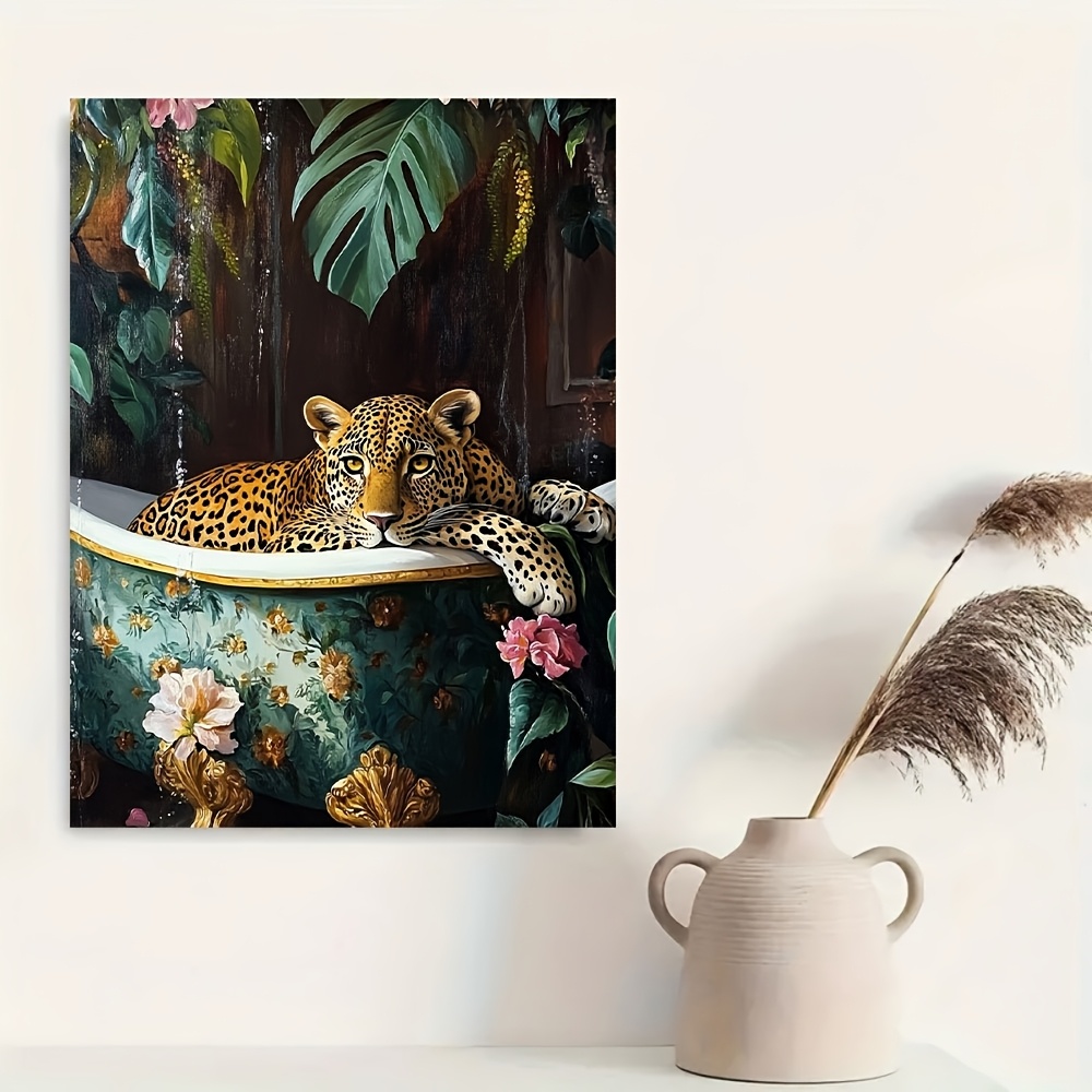 TEMU 1pc Vintage Leopard In Bathtub Wall Art - Wooden Framed Water-resistant Suitable For , Featherless Design, Tropical Foliage & Golden - Whimsical