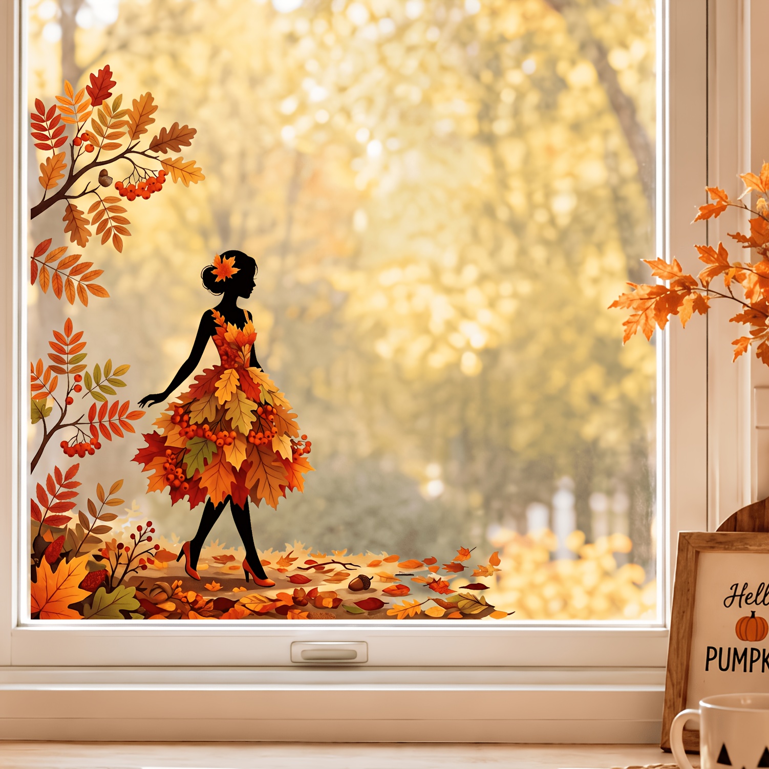 TEMU 1pc Autumn Maple Leaf Silhouette Static Window Cling No-glue Removable Traceless Glass Sticker Golden Autumn Fallen Leaves Berries Art Sticker