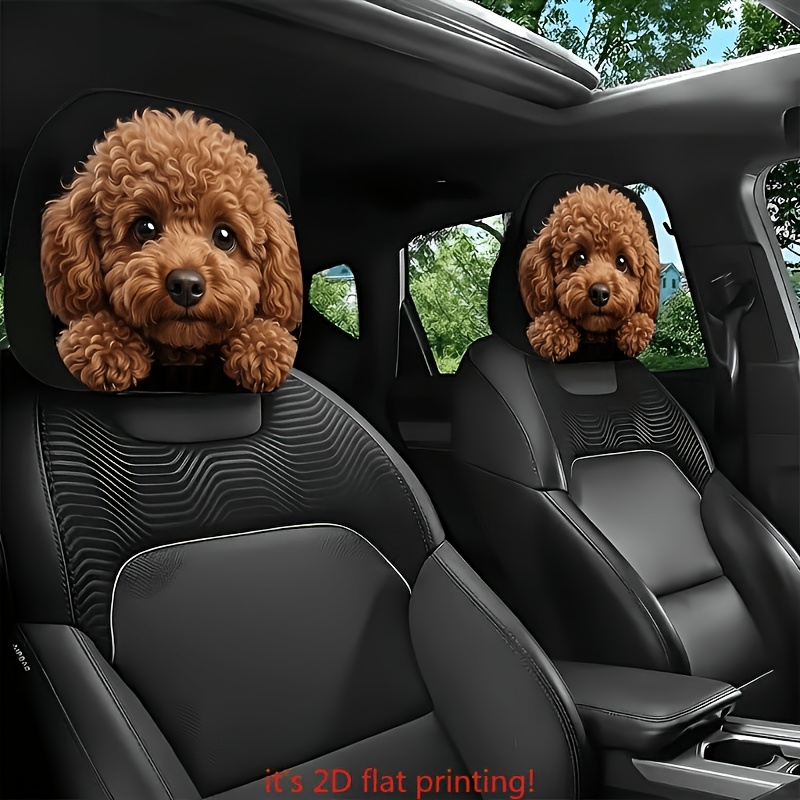 TEMU Two-piece Cute Enormous Poodle Print Car Headrest Covers, Without Filling Material, And Clean, Suitable For Car Interiors During Travel, Daily