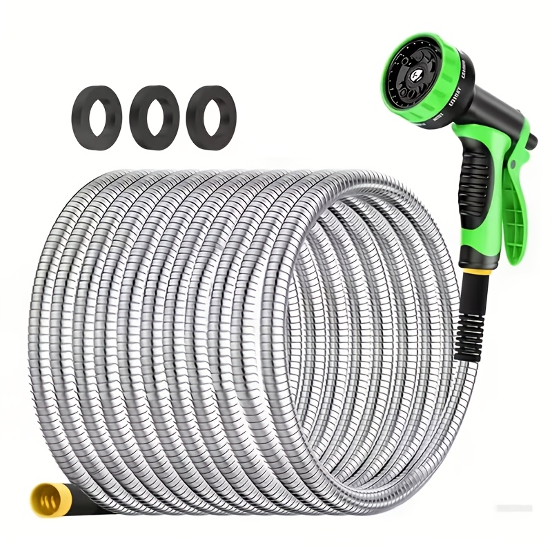 TEMU Kit de tuyau d'arrosage de jardin LOVFEN 100 pieds en métal acier inoxydable, tuyau d'eau robuste, -, résistant et flexible, solide, léger et