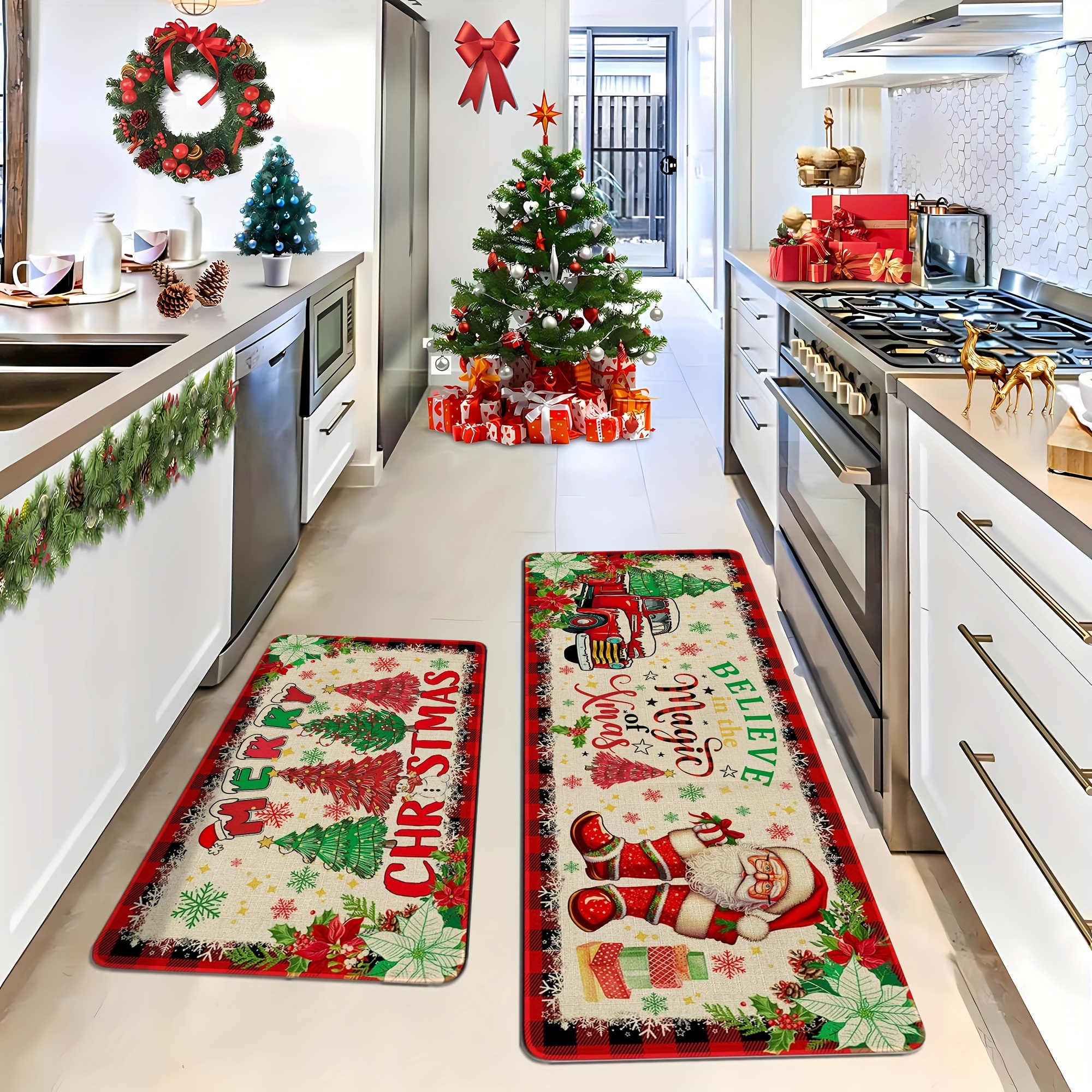 2pcs set christmas themed kitchen floor mats christmas kitchen rugs set of 2 santa claus farmhouse truck red   pattern christmas kitchen decor machine washable great for kitchen home office laundry room bathroom   christmas   flange 0 47 inch floor mat Product details 2