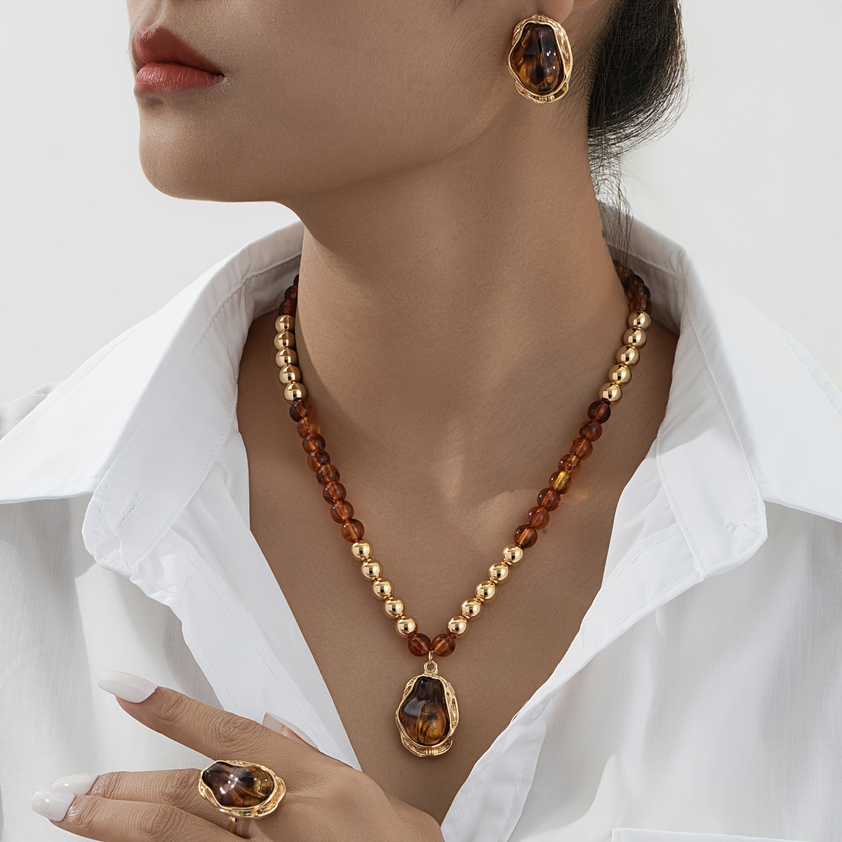 TEMU 4pcs Vintage Fashion Elegant Irregular Artificial Pearl Earrings Necklace Ring Set Suitable For Women' Gift Party Wear
