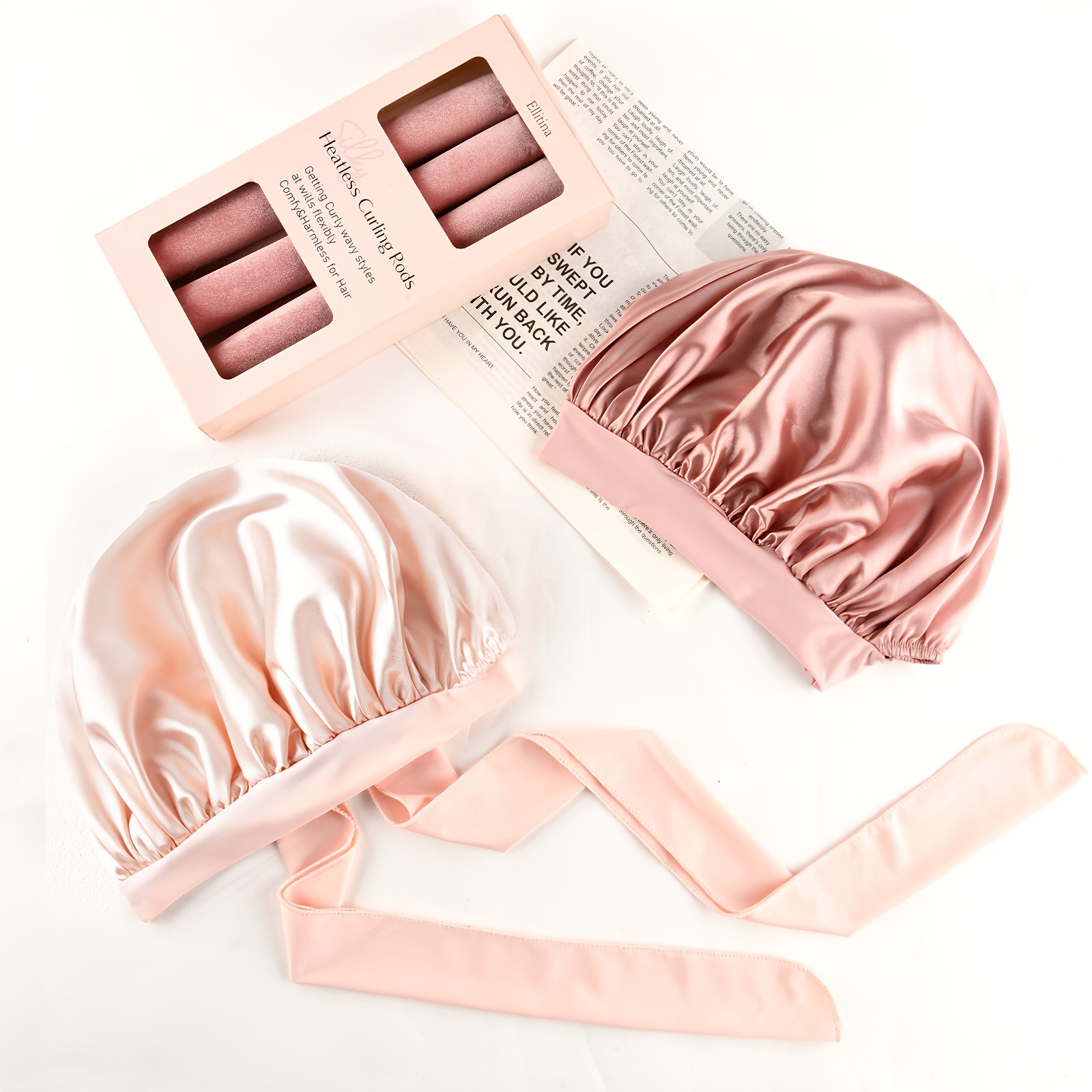 Ellitina 4pcs Heatless Curling Set - No Heat Overnight Curling Rod & Satin Bonnet | Spring/Summer Frizz-Free Waves, Sleep-Friendly DIY Styling Kit for All Hair Types | Adjustable Comfort Fit & Nice Mother's Day Gift (Luxury Satin)