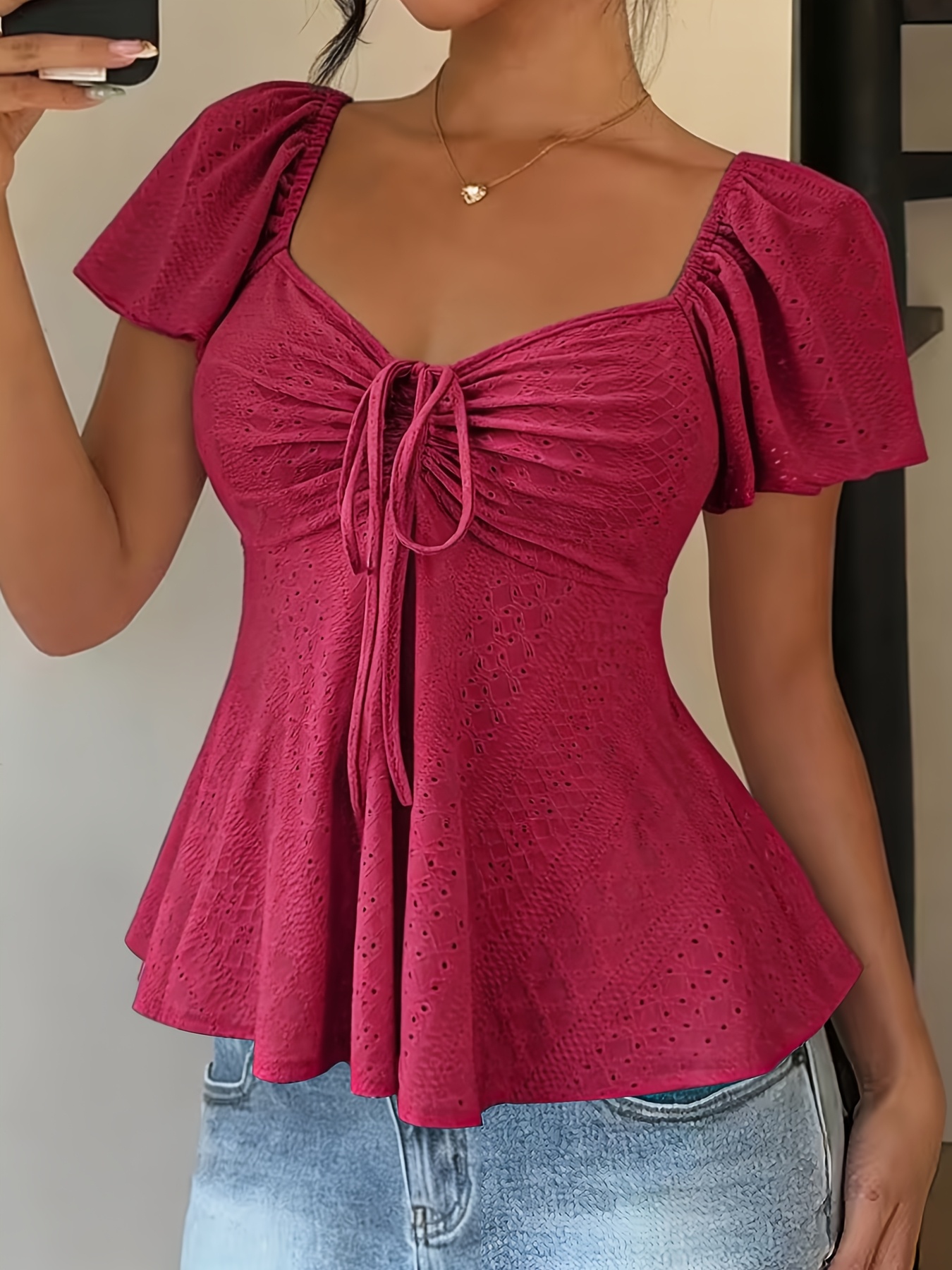 fashionable and elegant spring summer new arrival y2k solid color jacquard comfortable and breathable v neck drawstring short sleeve top womens t shirt
