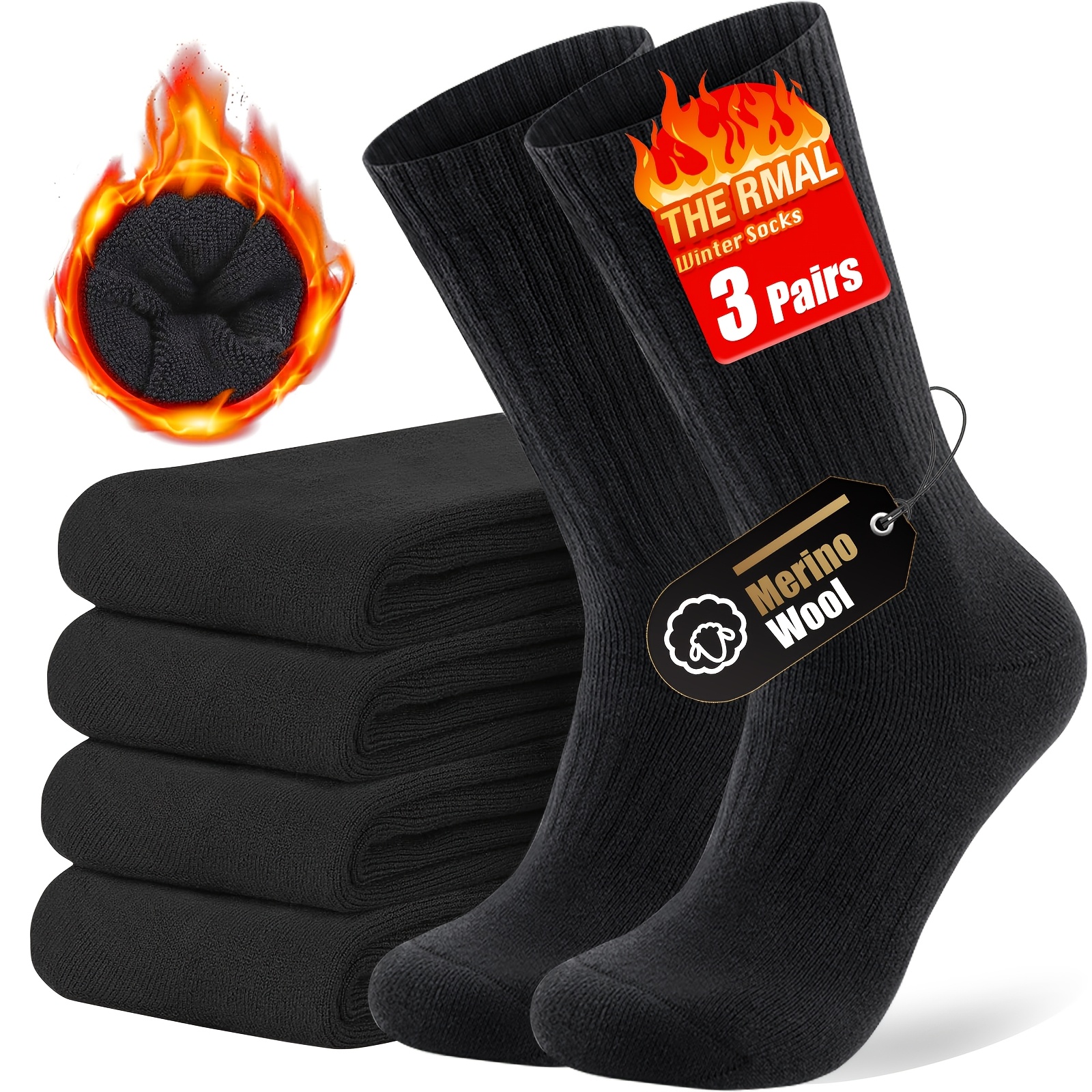 Image of 3 Pairs Of Mens Thermal Socks Womens Wool Wool Socks Thick Warm Winter Socks Crew Socks For Work Hiking Walking Skiing Running And Outdoor Sports
