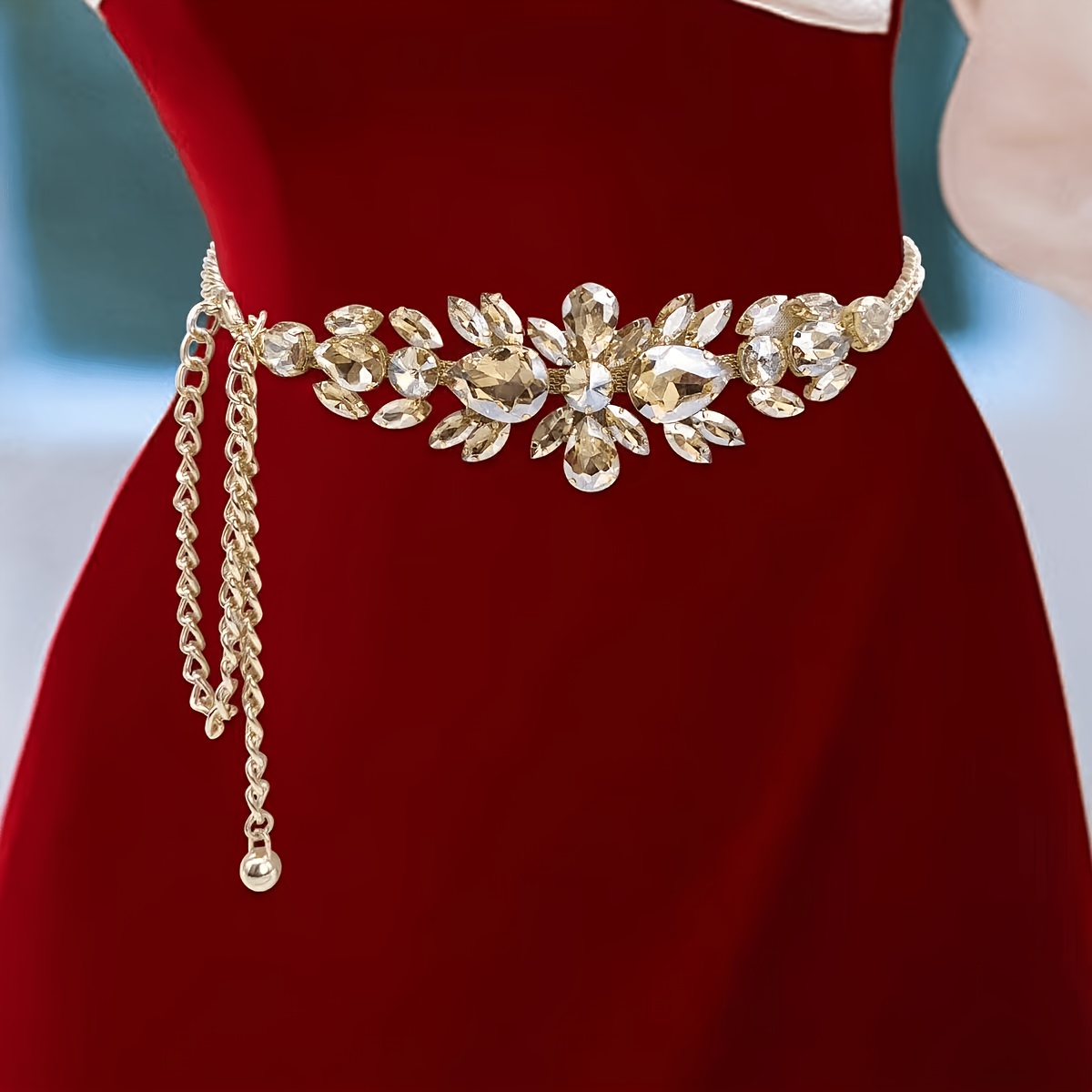 E-shop Eleganter, verstellbarer Diamantgürtel für Damen - Vintage Bohemian Style, für Partys und Abendgarderobe, golden, Gürtel