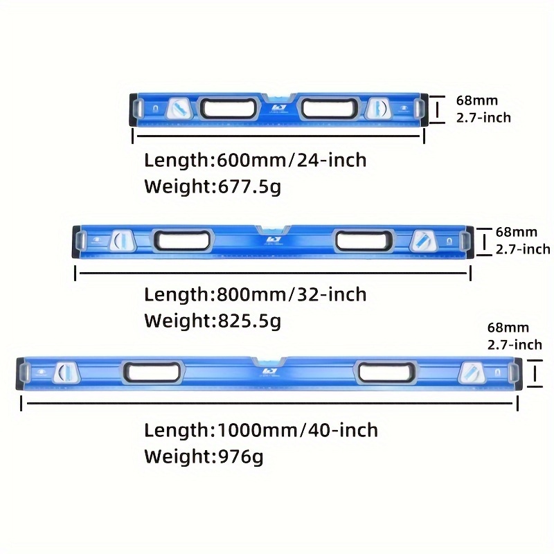 3pcs Magnetic Spirit - 24", 32", 40" Aluminum Frame With Vials, Precision Measuring Tools For Industrial Use