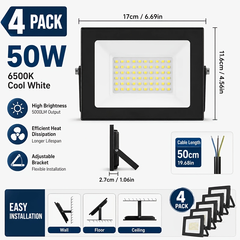 TEMU Juego de 4 focos LED de 50W para iluminación exterior, 6500K frío, 5000LM, foco de con soporte ajustable, luz de trabajo para patio, garaje,