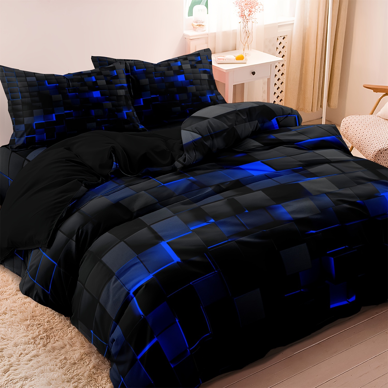 3pcs   quilt duvet cover set luxurious black blue grid geometric   print bedding with 1 duvet cover 2 pillowcase hypoallergenic for bedroom   decorations single   king quilt duvet local warehouse gift
