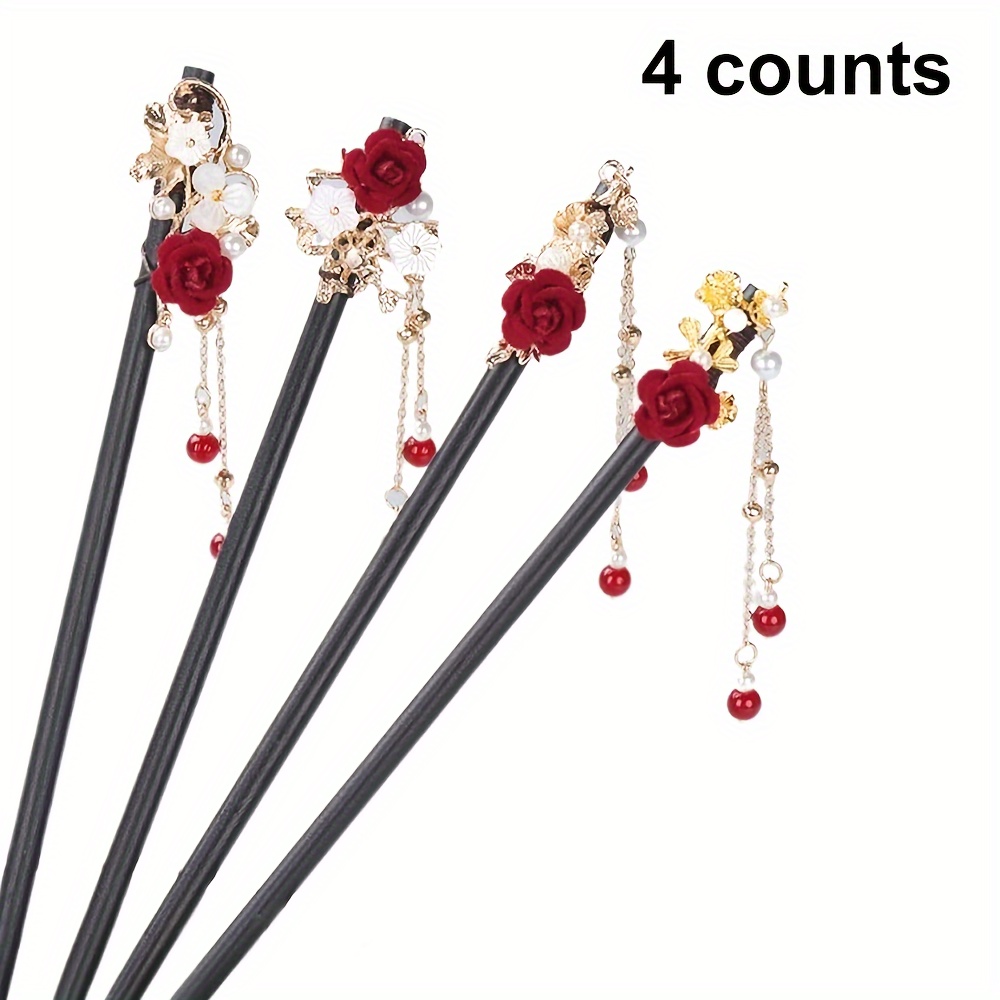 

4pcs Vintage Chinese Red Rose Hair Accessory Set - Handcrafted Tassel Hairpins, Clips & Chopsticks For Hanfu, Tea Dresses & Qipao Styles