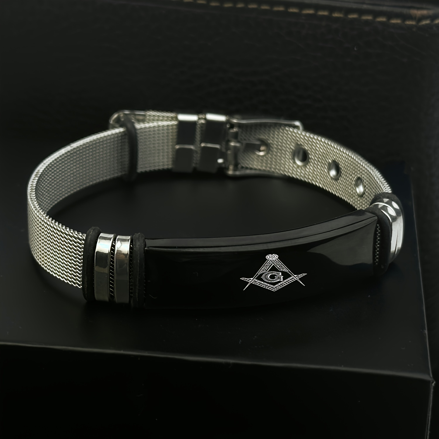 Men's Adjustable Stainless Steel Bracelet with Masonic Symbol