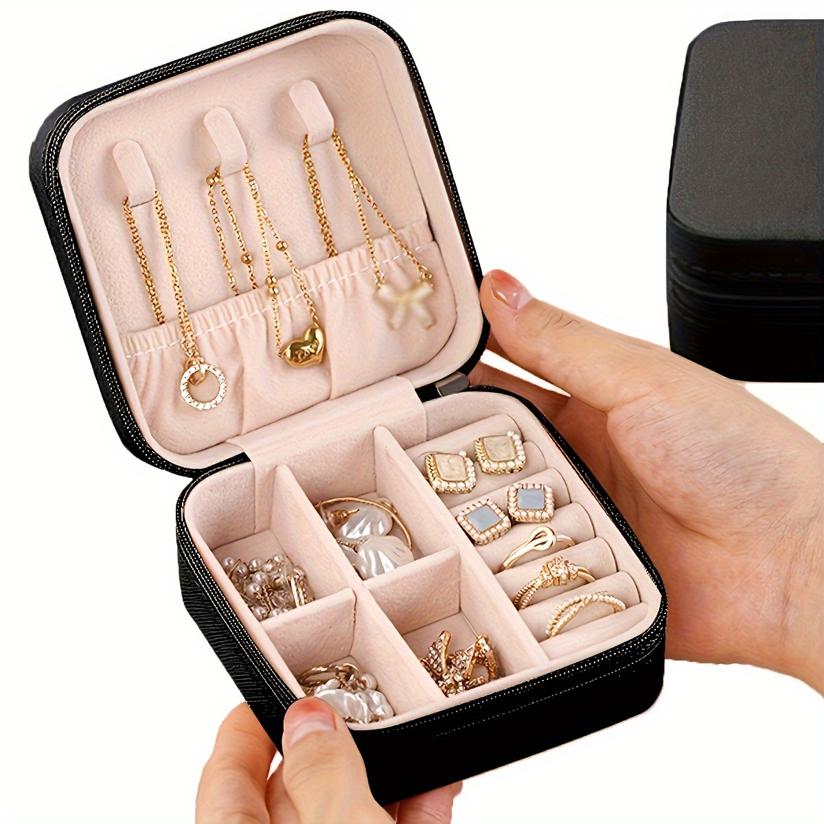 

Leather Portable Jewelry Box With Fabric Interior, Tabletop Rectangle Organizer With Zipper Closure, Ring-roll For Earrings, Necklace, And Rings - 1pc Travel Jewelry Storage Case