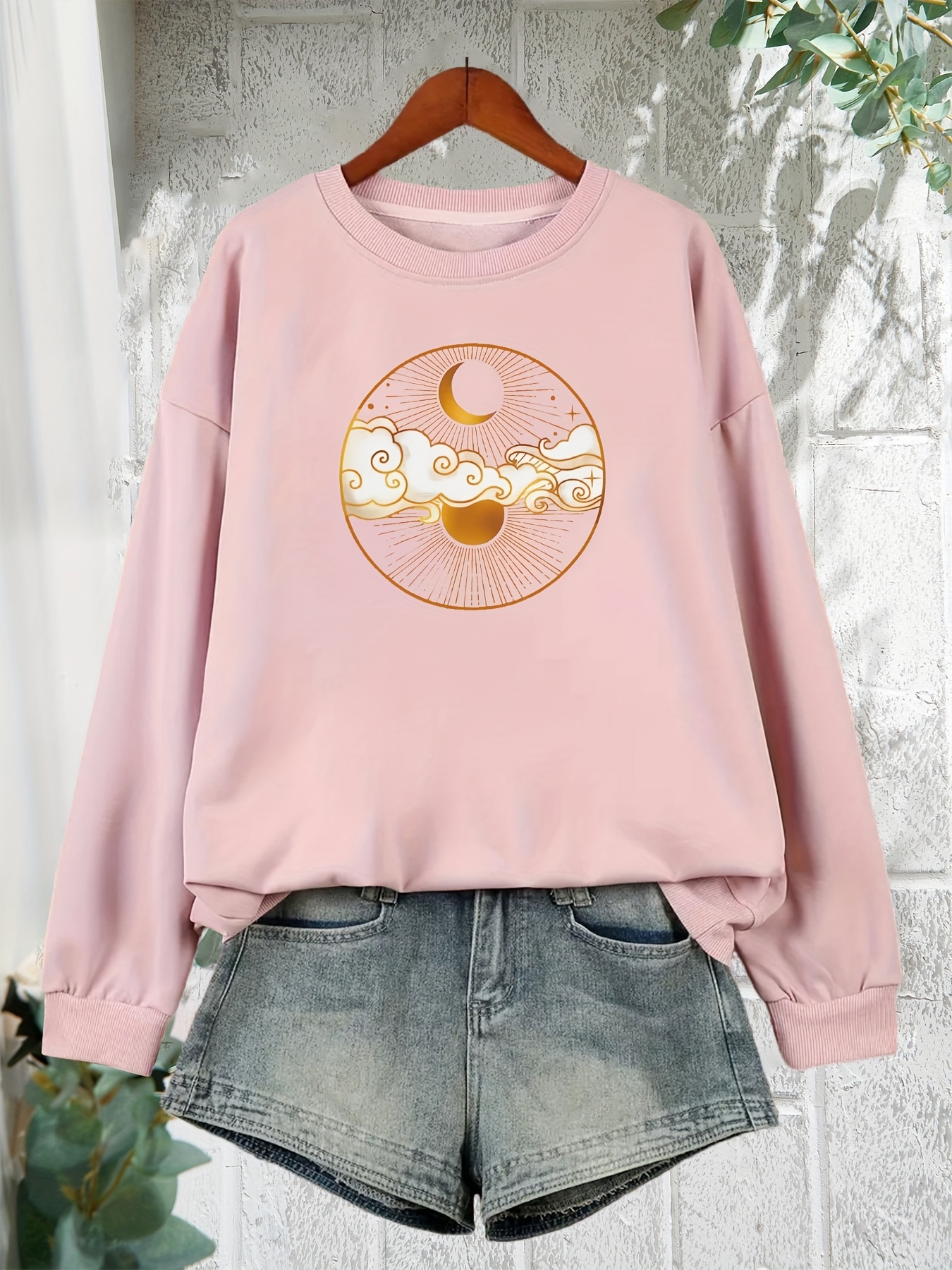 Color Block Moon Print Drawstring Hoodie, Casual Long Sleeve Kangaroo  Pocket Hoodie Sweatshirt, Women's Clothing