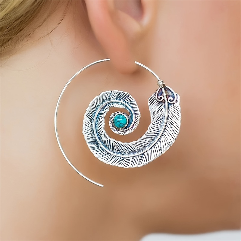 

Vintage Bohemian Spiral Feather Style Earrings With Turquoise Alloy, Suitable For Daily, Vacation And Party Wear