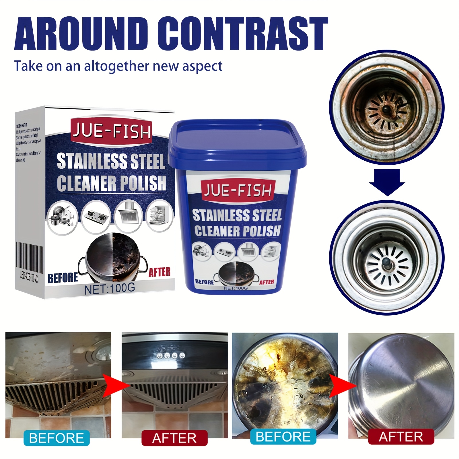 jue fish stainless steel cleaner polish 100g   restorer for pots and pans     kitchen degreaser with     food contact   details 2