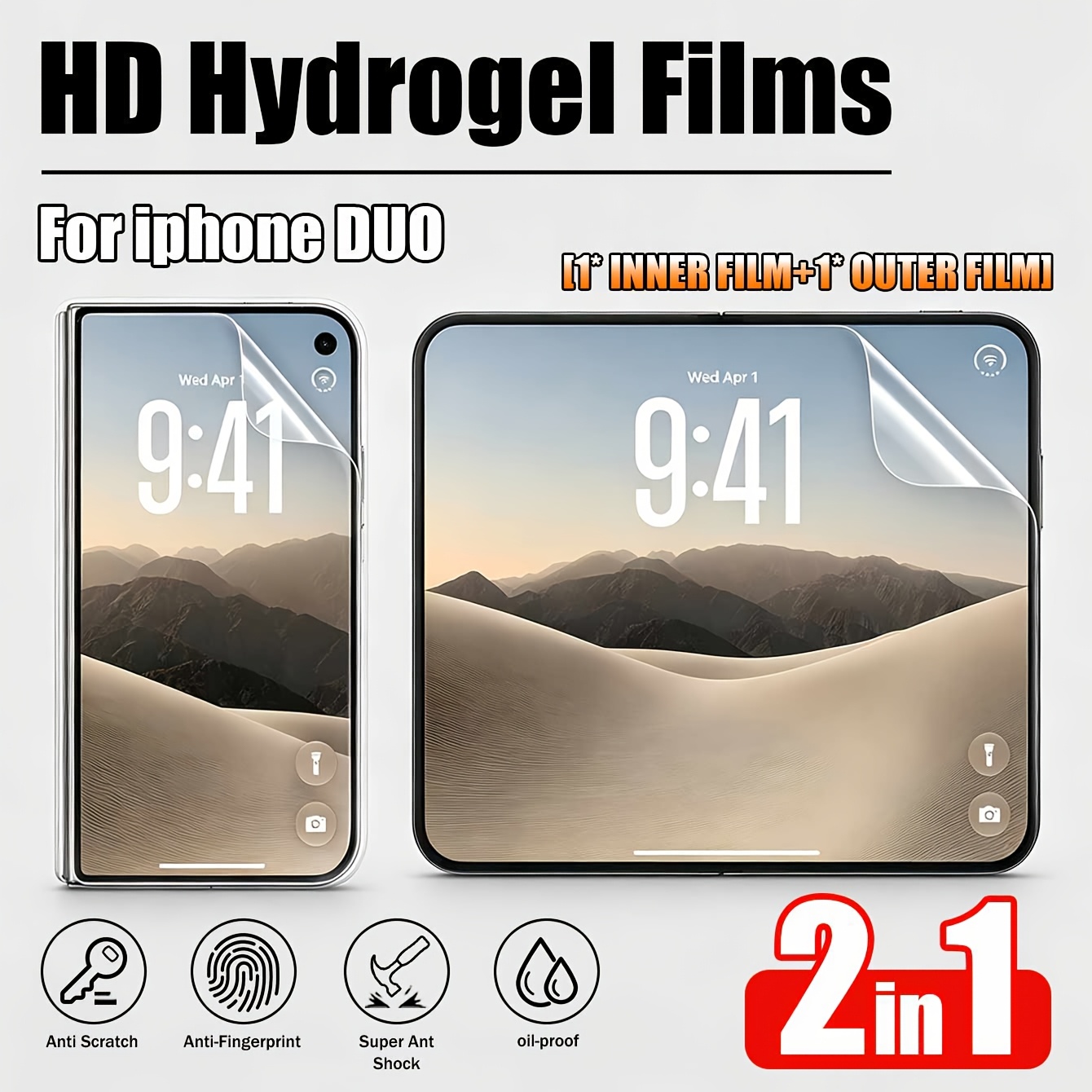 TEMU 1+1pack Inner Hydrogel Film + Outer Screen Film For Iphone Duo Anti-fingerprint Hydrogel Film Flexible Screen Protector Tpu Fingerprint Unlock