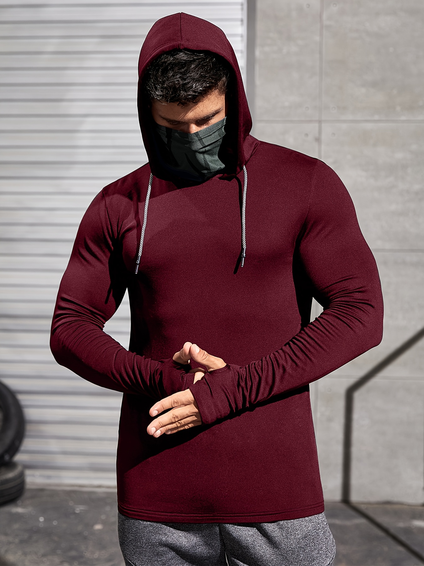 mens sporty hooded pullover sweatshirt maroon stretchy Temu