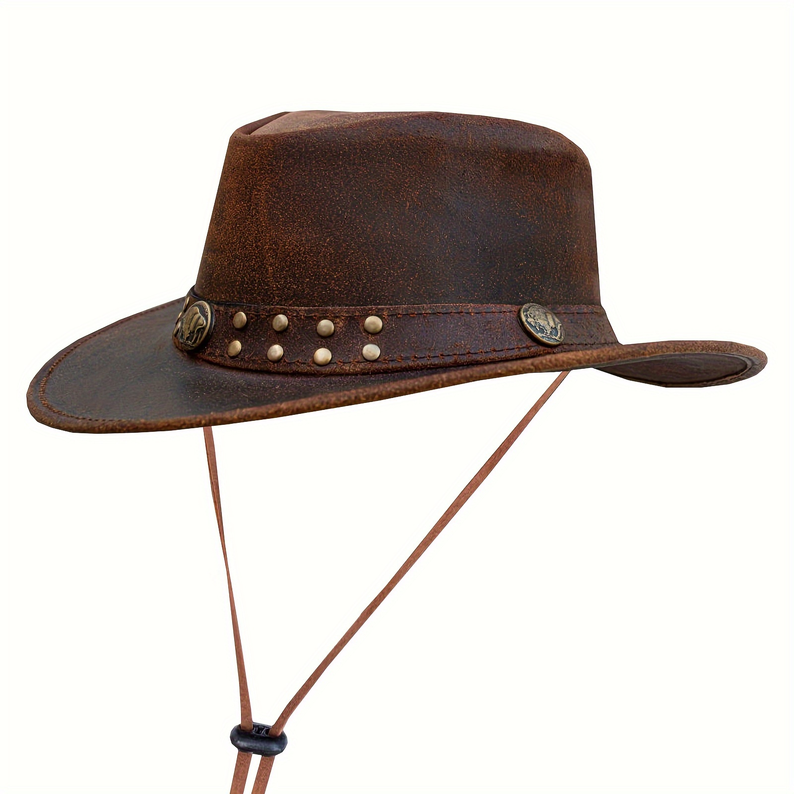 TEMU Genuine Leather Cowgirl &cowboy Hat Western Hat With Wide Brown Australian Style Leather Hat