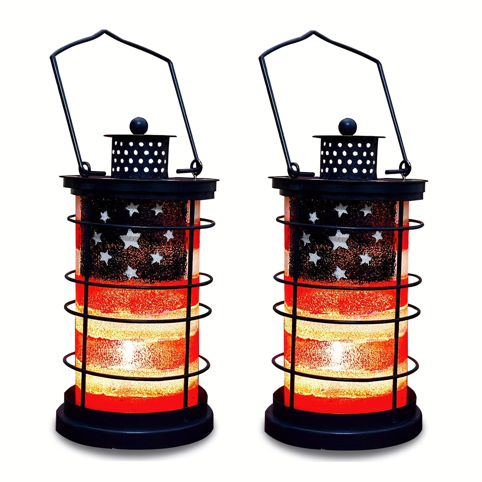 

2pcs Rustic Metal Lantern Candle Holder With American Flag Pattern Hanging Glass Candle Lantern American Patriotic Ornament Table Centerpiece For Home Indoor Outdoor