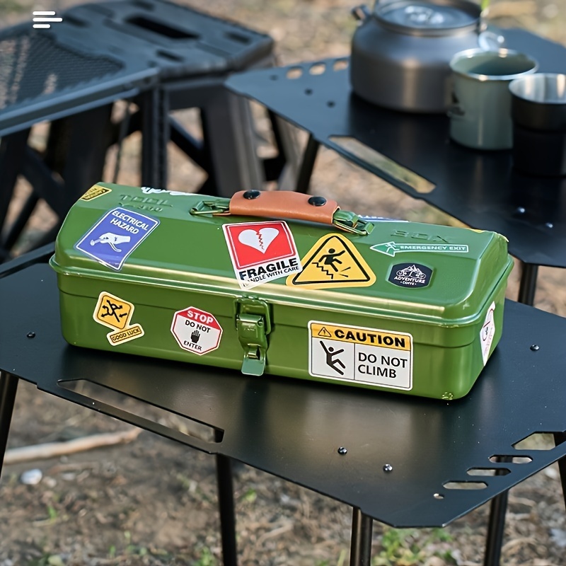 tragbarer outdoor-camping-tragbarer metall-aufbewahrungsbox mit aufklebern und aufbewahrungsbox für verschiedene gegenstände 0