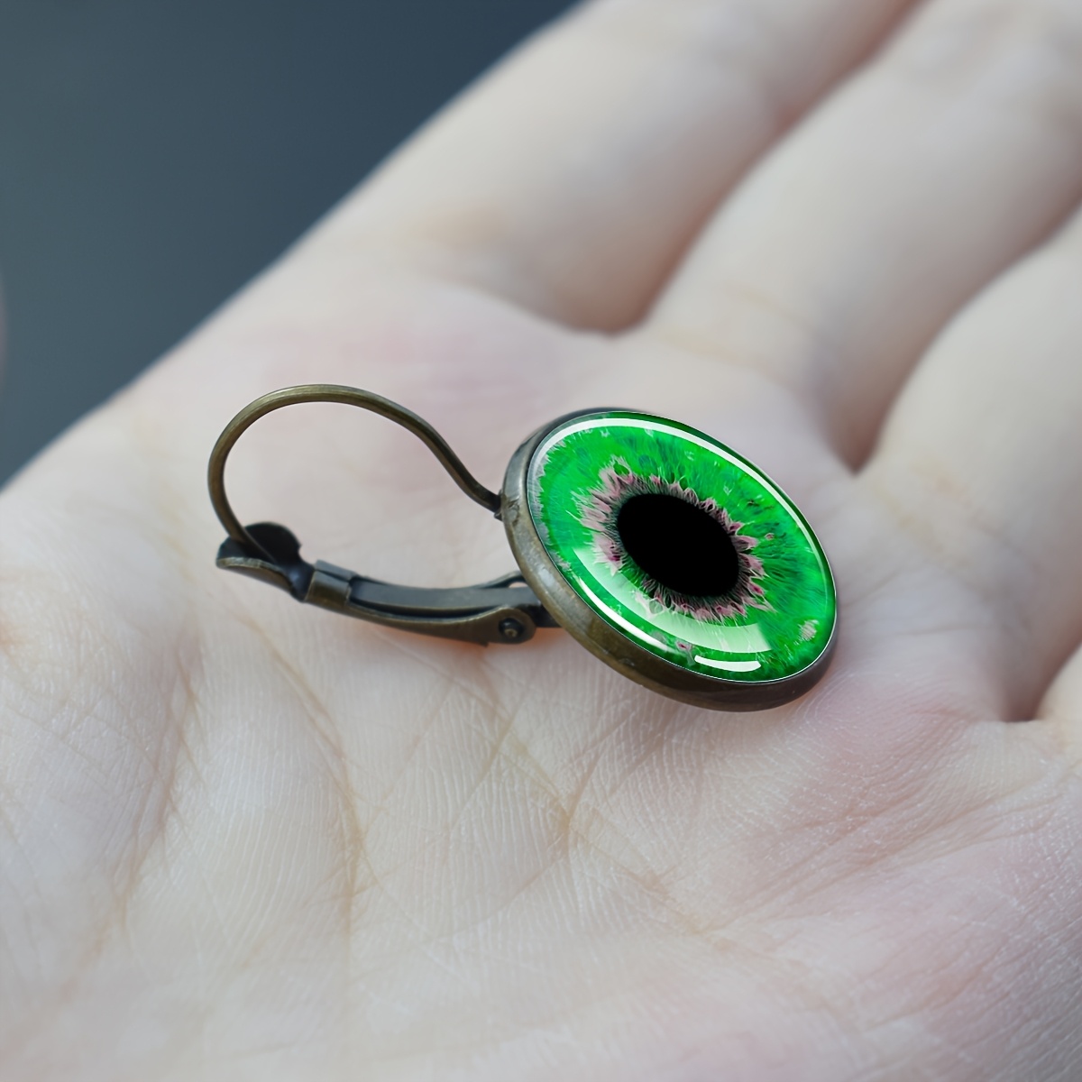 Vintage Round Earrings with Green Eye Pattern, Statement Piece