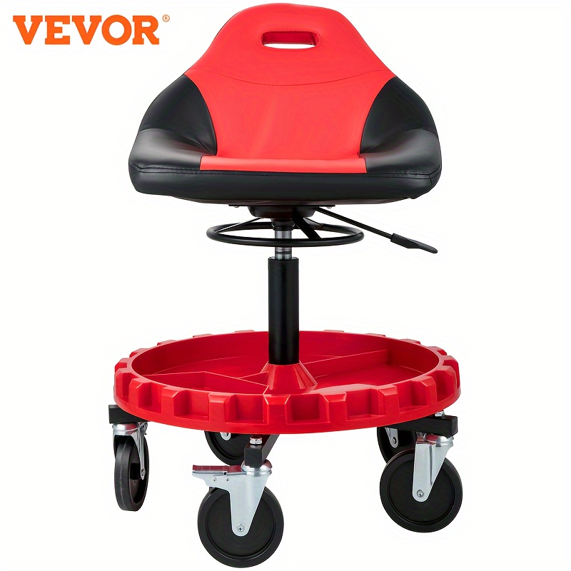 

Vevor Rolling Garage Stool, 18"-23" Height Adjustable, 300lbs Capacity, Mobile Seat With Tool Tray And 5 Inch Casters, Pneumatic Stool For Auto , Workshop