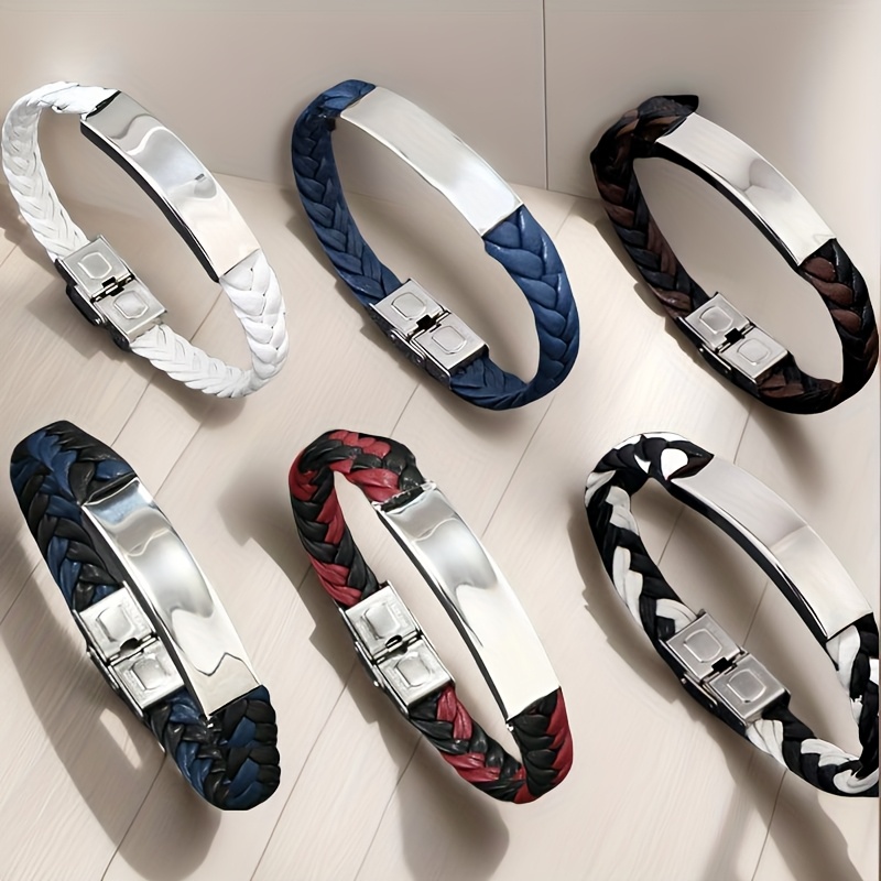 Personalized Braided Leather Bracelet with Engraved ID for Men Women