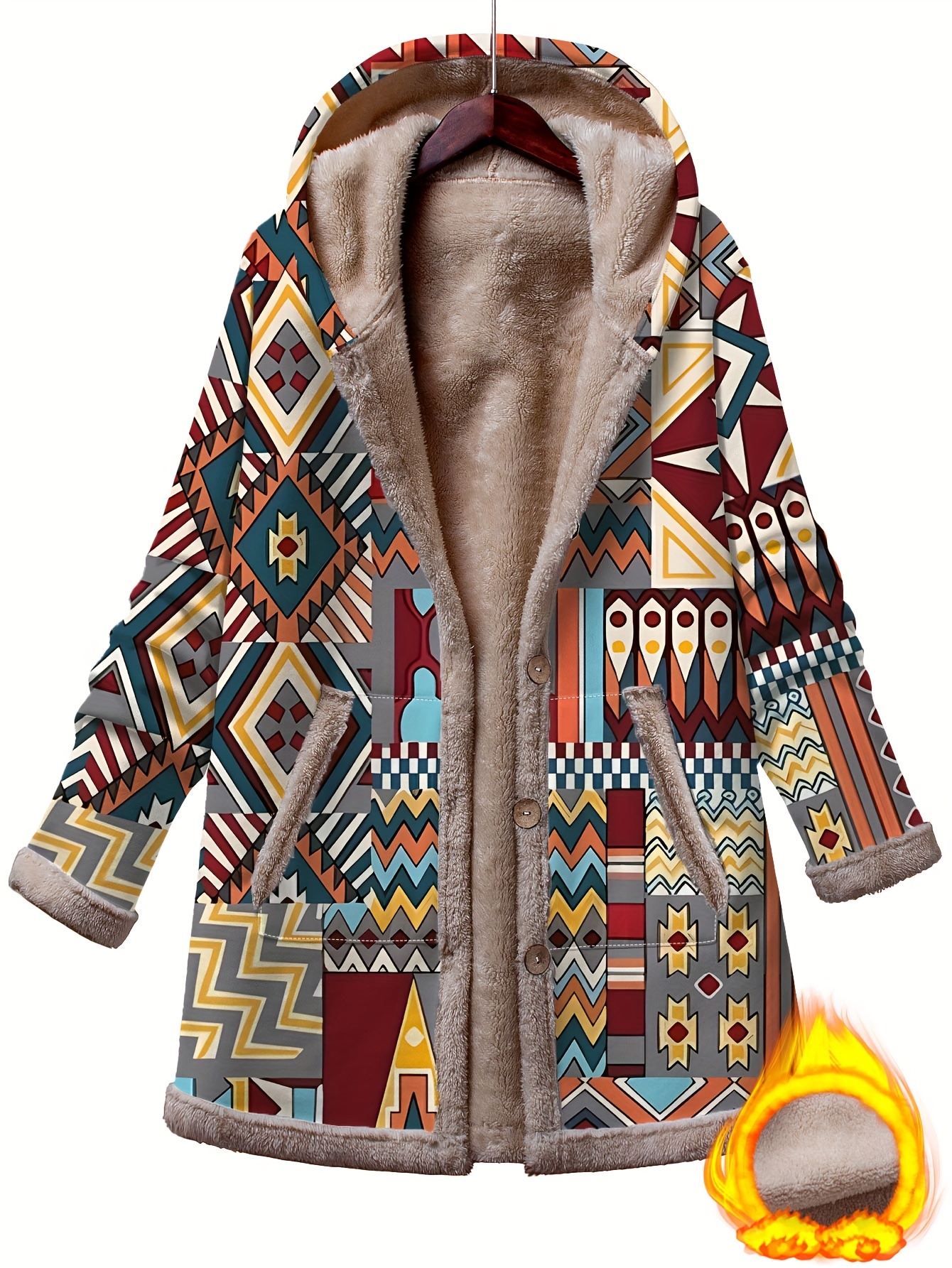 plus size women's winter hooded coat ethnic geometric print Temu