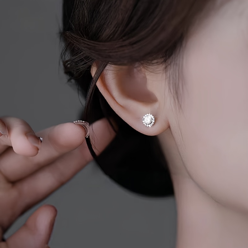 E-shop 1 Paar Ohrstecker, S925 Edelsterling, Hypoallergen, Runde Synthetische Zirkonia (Synthetische Cubic Zirkonia) Ohrstecker, Elegant,