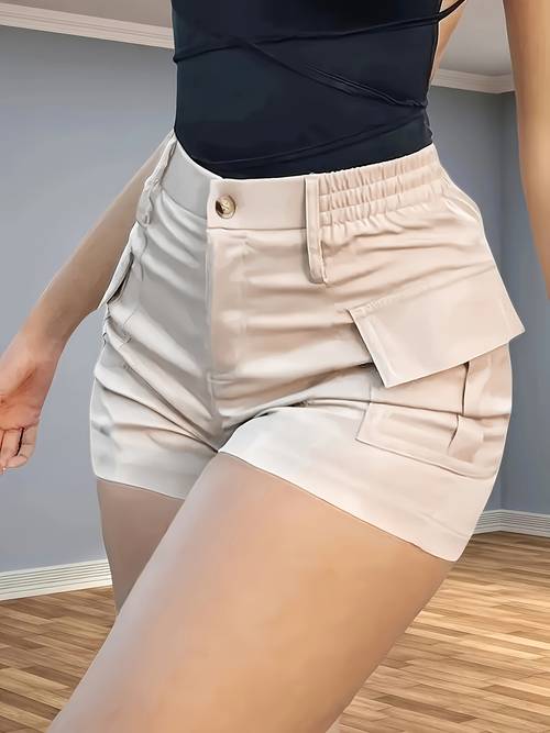 womens high waist solid color shorts with zippered pockets stretchy material casual summer shorts suitable for outdoor activities casual summer wear zippered shorts soft texture