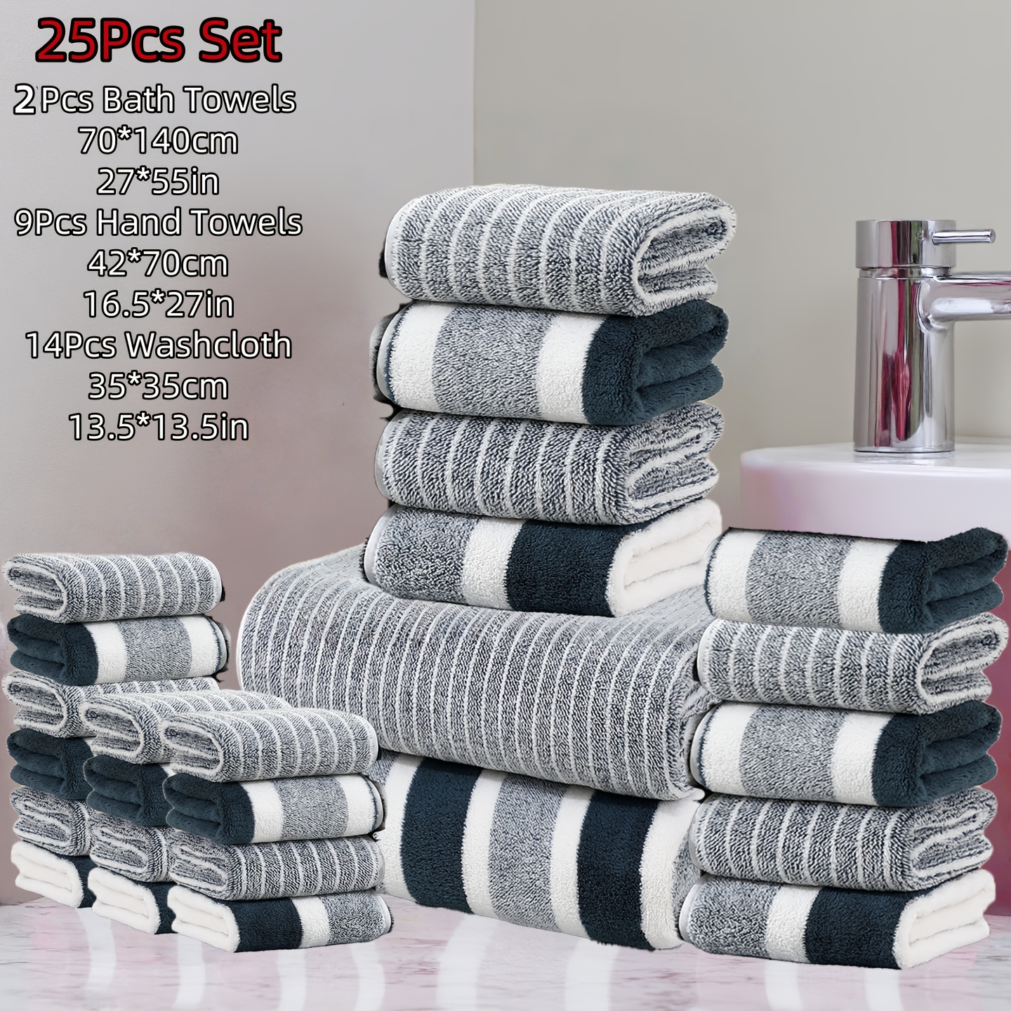 Image of 25pcs Super Bath Towel Set, 2pcs 70 X 140cm Bath Towels, 9pcs 42 X 70cm Hand Towels, 14pcs 35 X 35 Cm Washcloths, Quick-drying, Fast-absorbing, Lightweight, Very Suitable For Home, Hotel And Spa Use