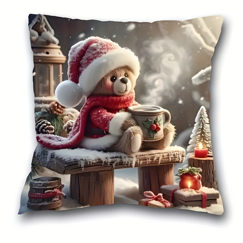 A Christmas Bear Short Plush Pillowcase With Zipper, Machine Washable, Living Room Decorative Pillowcase - Polyester, Bedroom Decoration. Includes Cover Only, No Insert