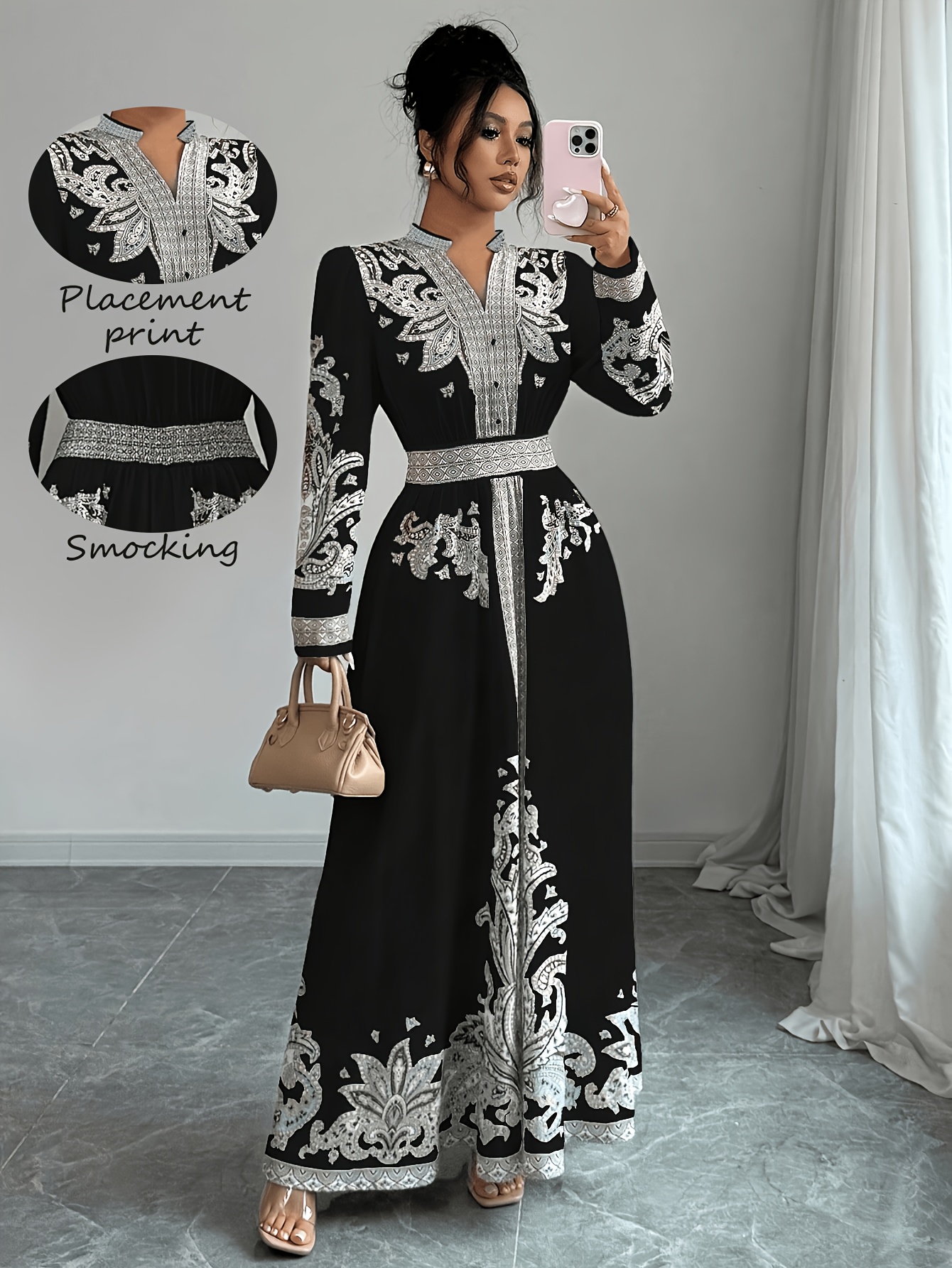 Fashionable Elegant Vintage Printed V Neck Front Slit Hem