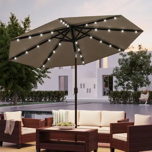 10ft solar powered led patio umbrella with upf50 sun protection 30 tilt button manual recline modern brown polyester canopy for deck poolside outdoor furniture deck shade solution ambient lighting feature