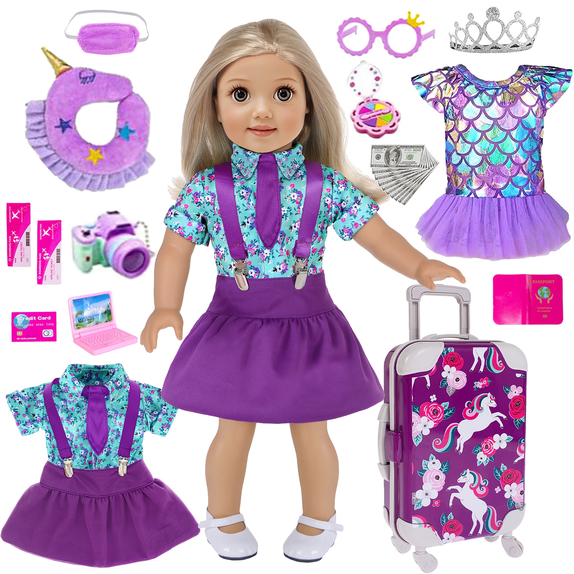 

Suitable For 18- , Set Of Clothes And Luggage, Including A , -sleeved , , , U-shaped , , And Accessories. Not Doll