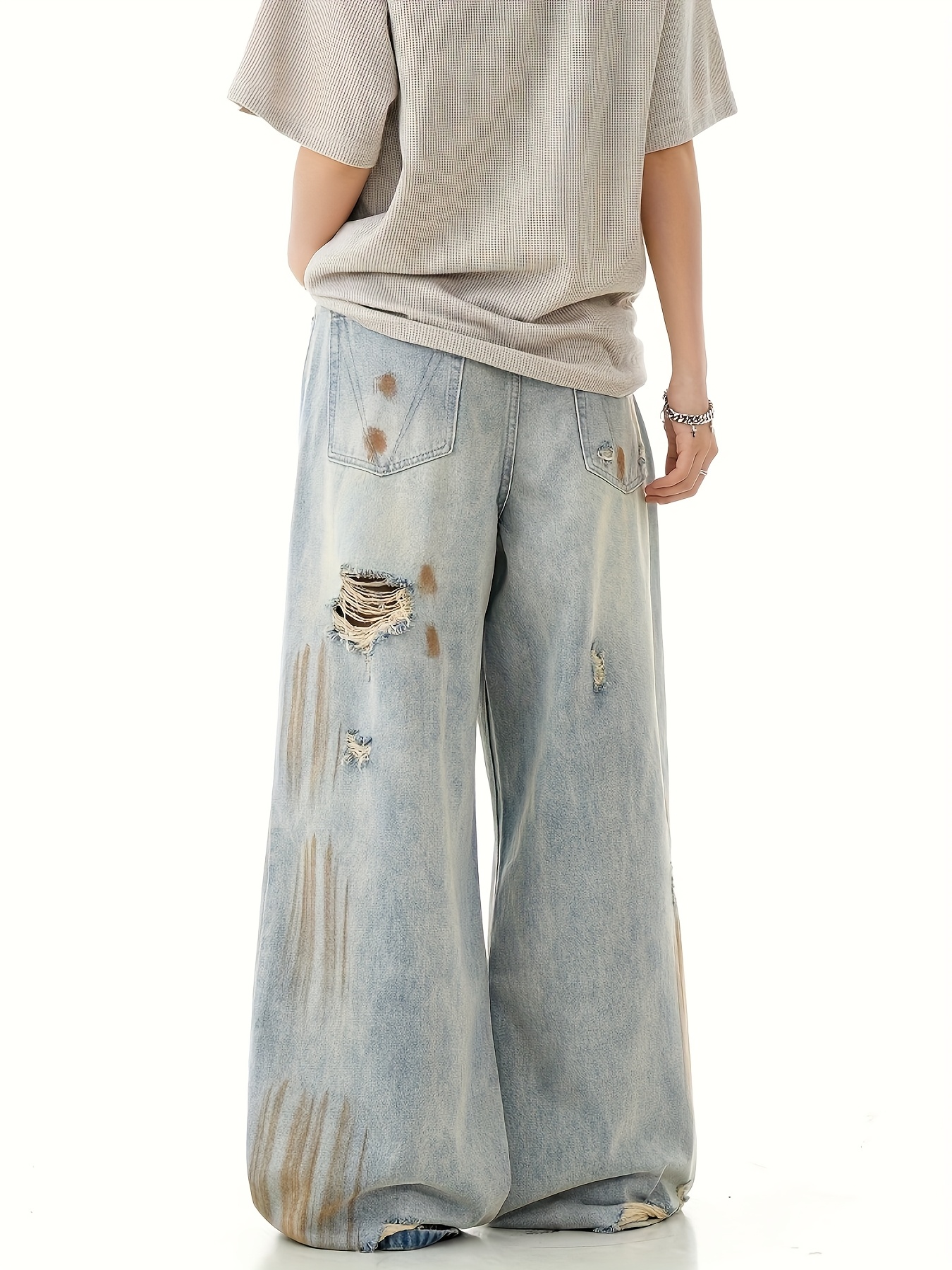 womens light blue tie dye contrast wide leg jeans loose fit Temu - Main Image