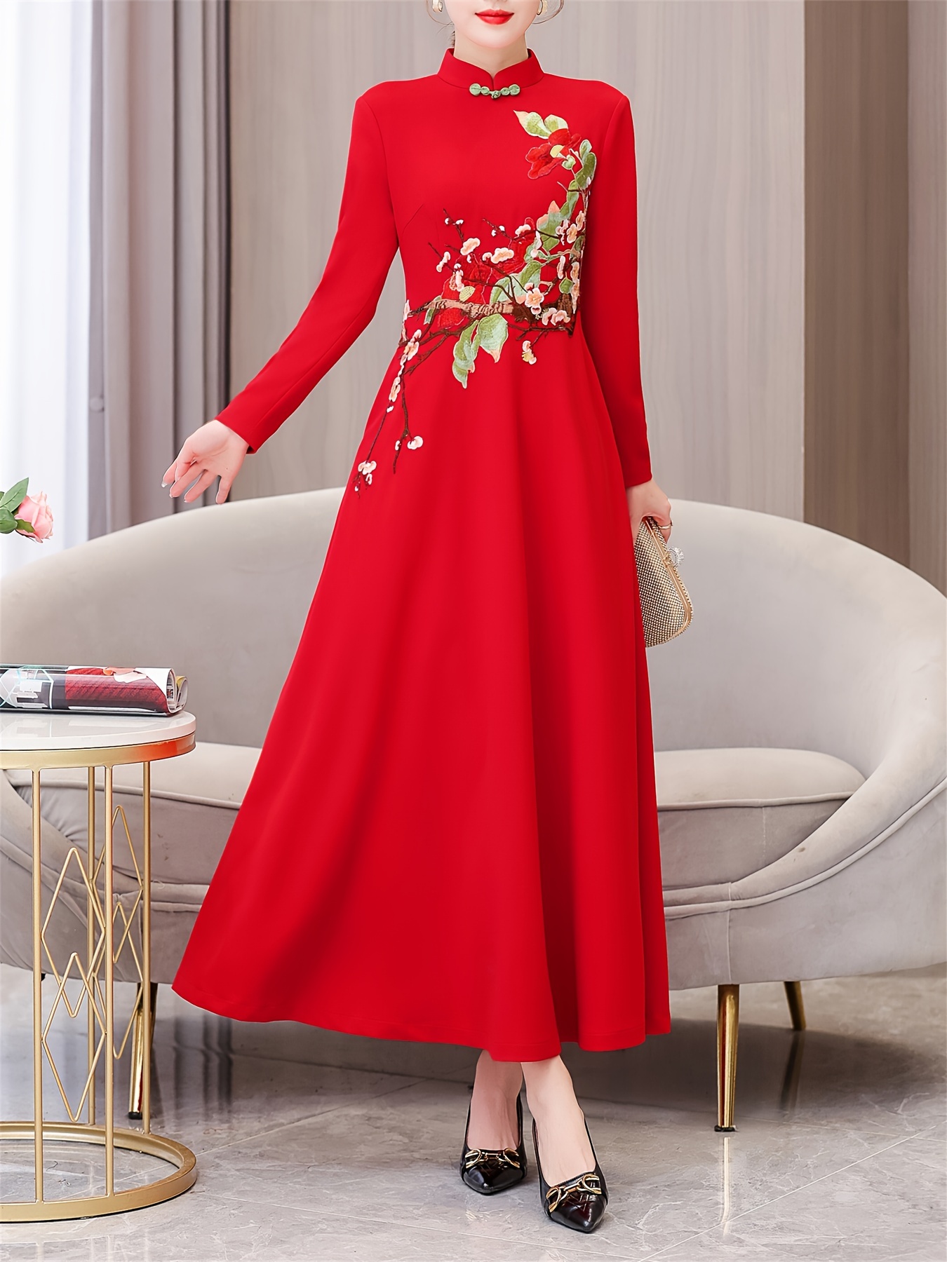embroidered cheongsam dress long sleeve women's clothing - Temu Mauritius