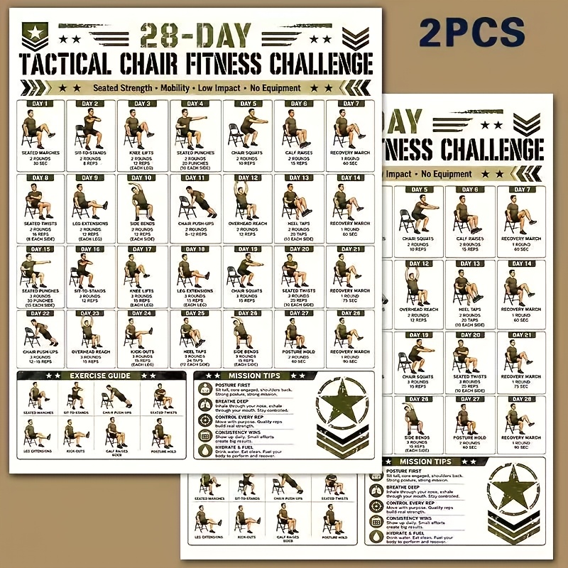 TEMU Tactical Chair Fitness Challenge Poster 2pcs - Military Style 28-day Workout Chart, Strength And Flexibility Training Guide, Suitable For Gym,