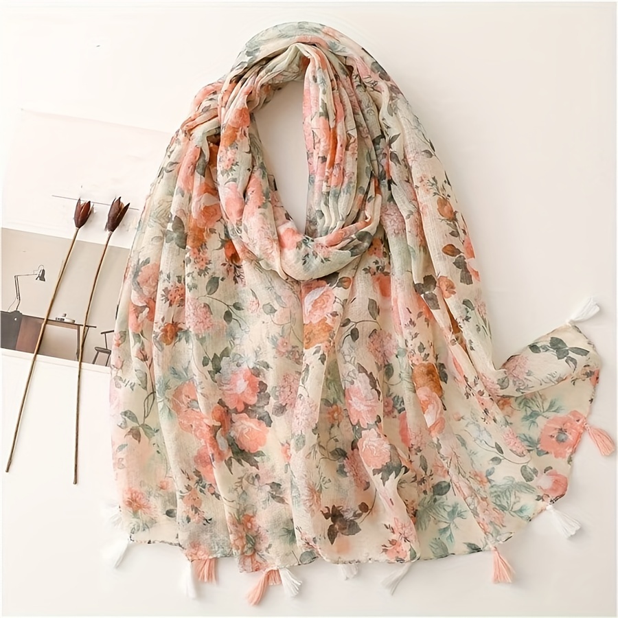 

Multicolor Floral Print Scarf Thin Breathable Cotton Linen Feeling Shawl With Tassel Boho Style Windproof Sunscreen Travel Scarf For Women