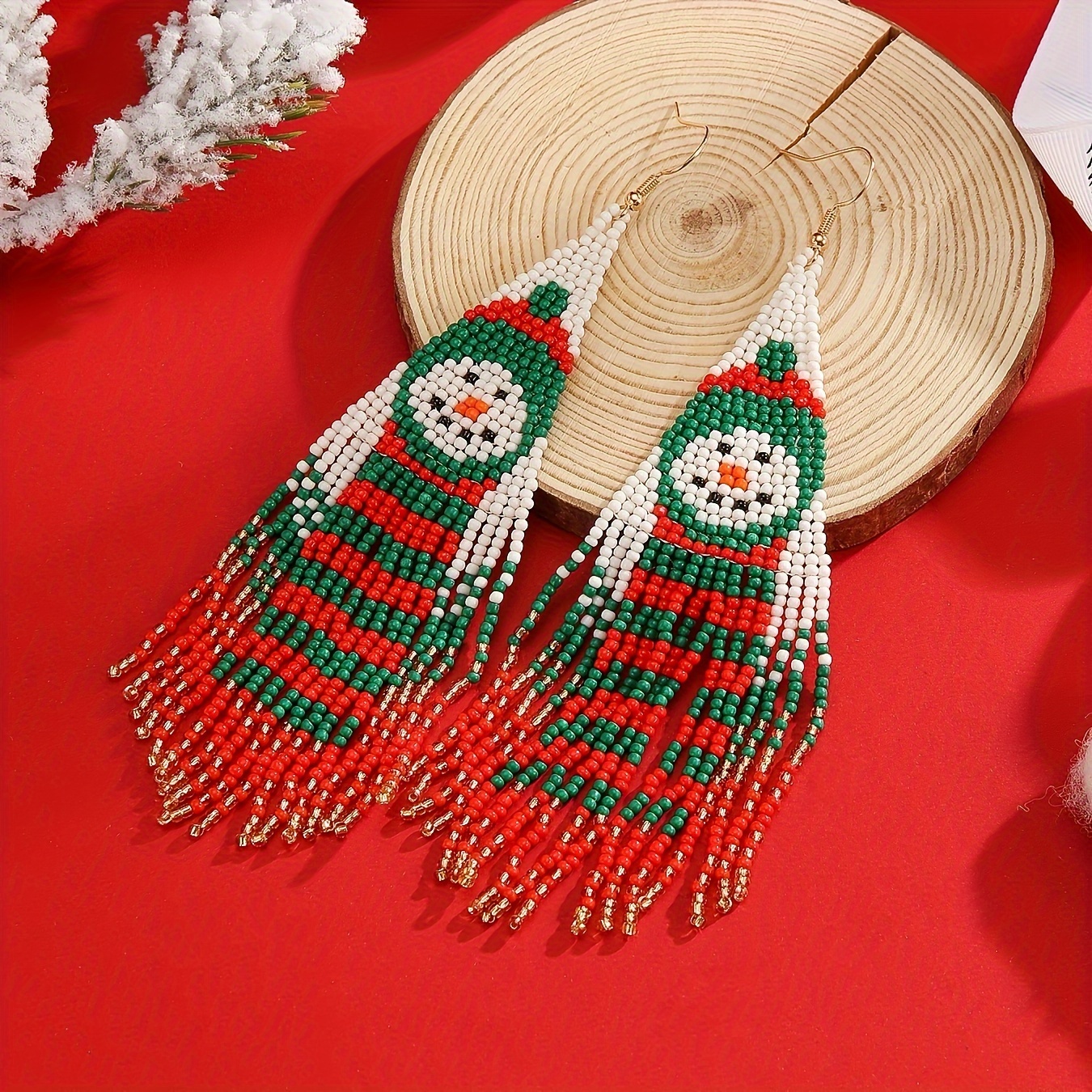TEMU Festive Christmas Snowman Beaded Earrings - Handcrafted With Glass Seed Beads, Holiday Gifting And Celebrations
