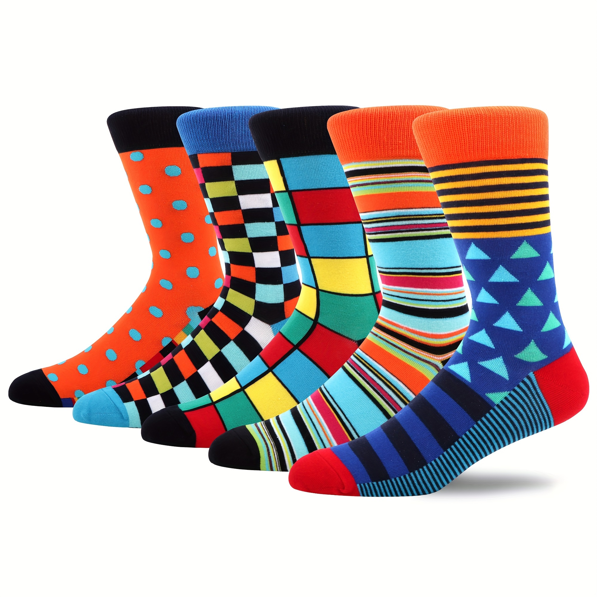 

5 Pairs Of Men's Trendy Stripe Checkered Pattern Crew Socks, Breathable Cotton Blend Comfy Casual Unisex Socks For Men's Outdoor Wearing