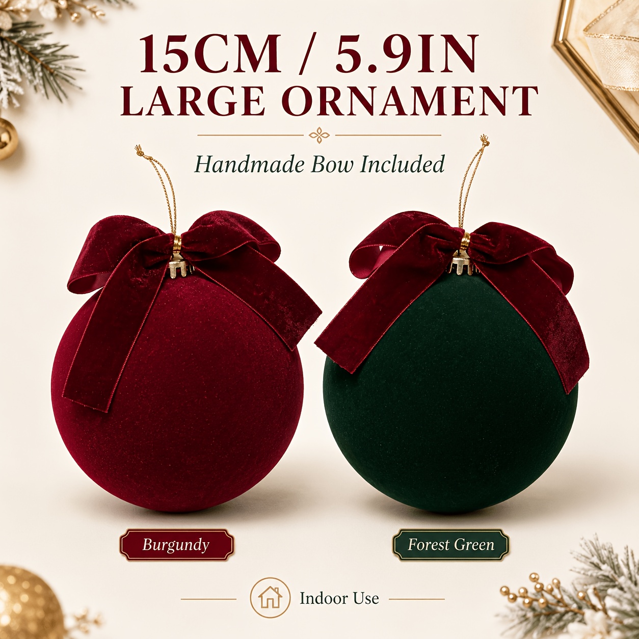 TEMU 15cm Large Flocked Christmas Ornament Balls With Handmade Velvet Bow, Xmas Tree Hanging Decor, Burgundy Forest Green Velvet Bauble For Holiday