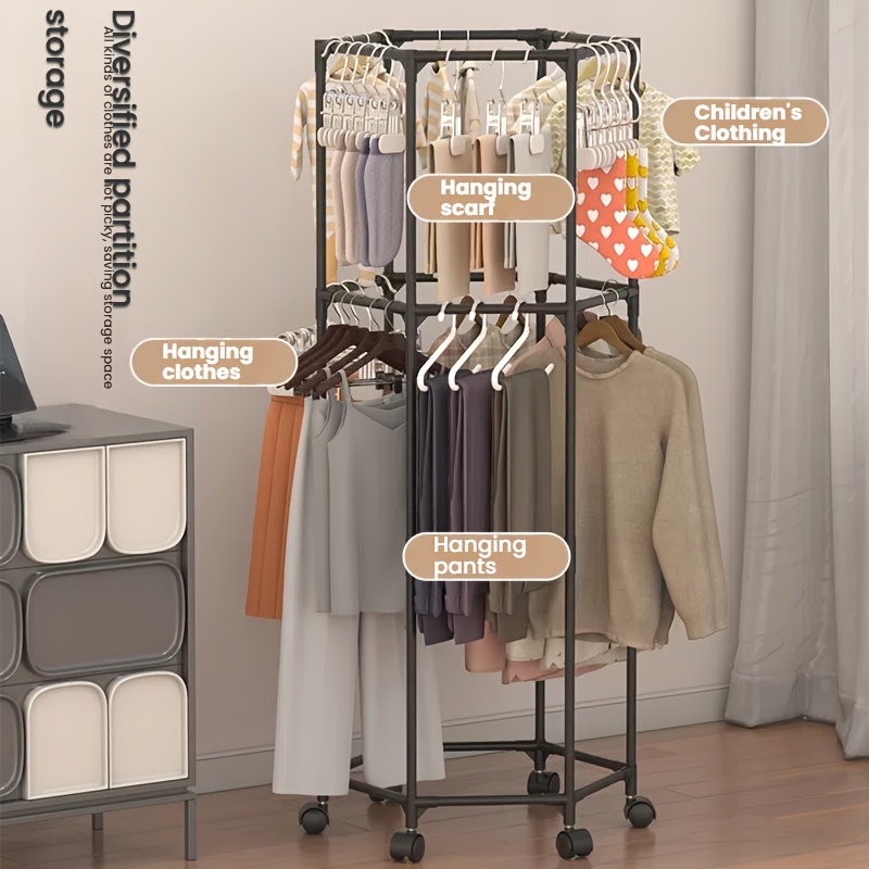 E-shop 360° drehbarer Wäscheständer mit 4 Rollen, mit zweistöckigem Stauraum & Kleiderbügelstangen – Freistehender Wäsche-Organizer für Zuhause,