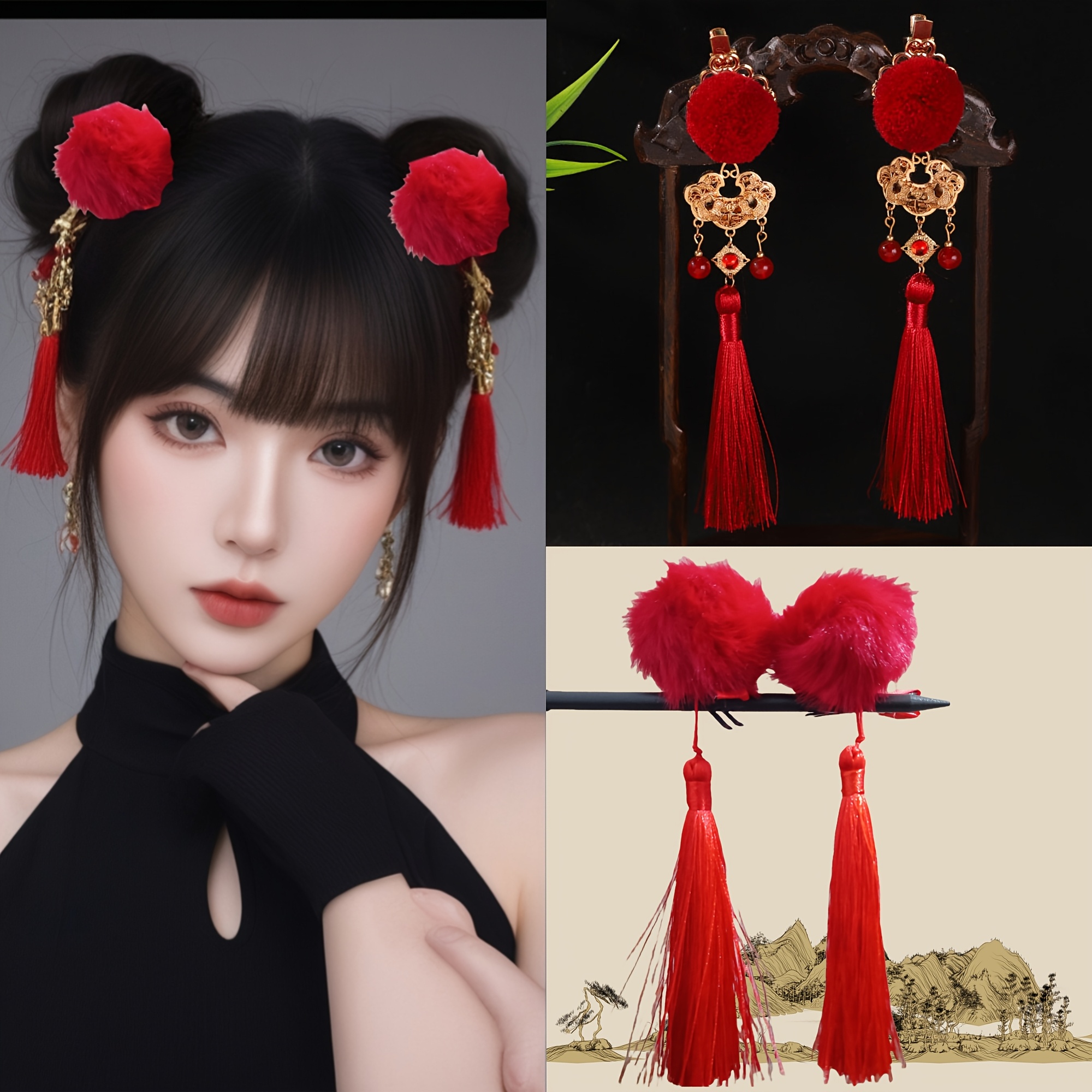 

Chinese Style Red Hairpin Set With Lock Pendant And Long Tassel, New Year Hair Accessories For Girls, Traditional Hanfu Party Accessories, Ideal New Year Gift