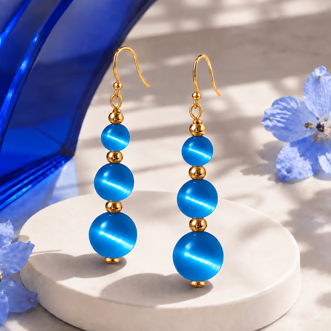 TEMU Elegant Blue Cat Eye Stone Gradient Bead Dangle Earrings, Golden Ear Hook Long Pendant Earrings, Fashionable Women's Jewelry, Suitable For