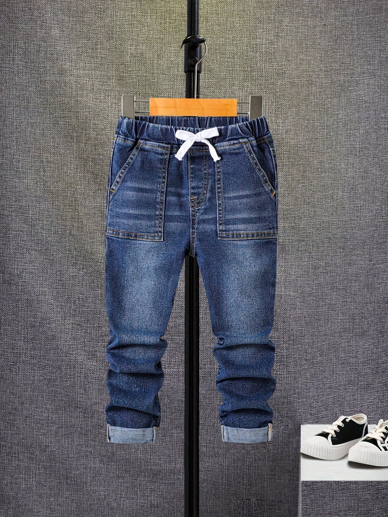 Jongens 2-delige Lente/Herfst Outfit Set - Geometrische Textuur Sweatshirt met Lange Mouwen & Ronde Hals & Stretch Jeans