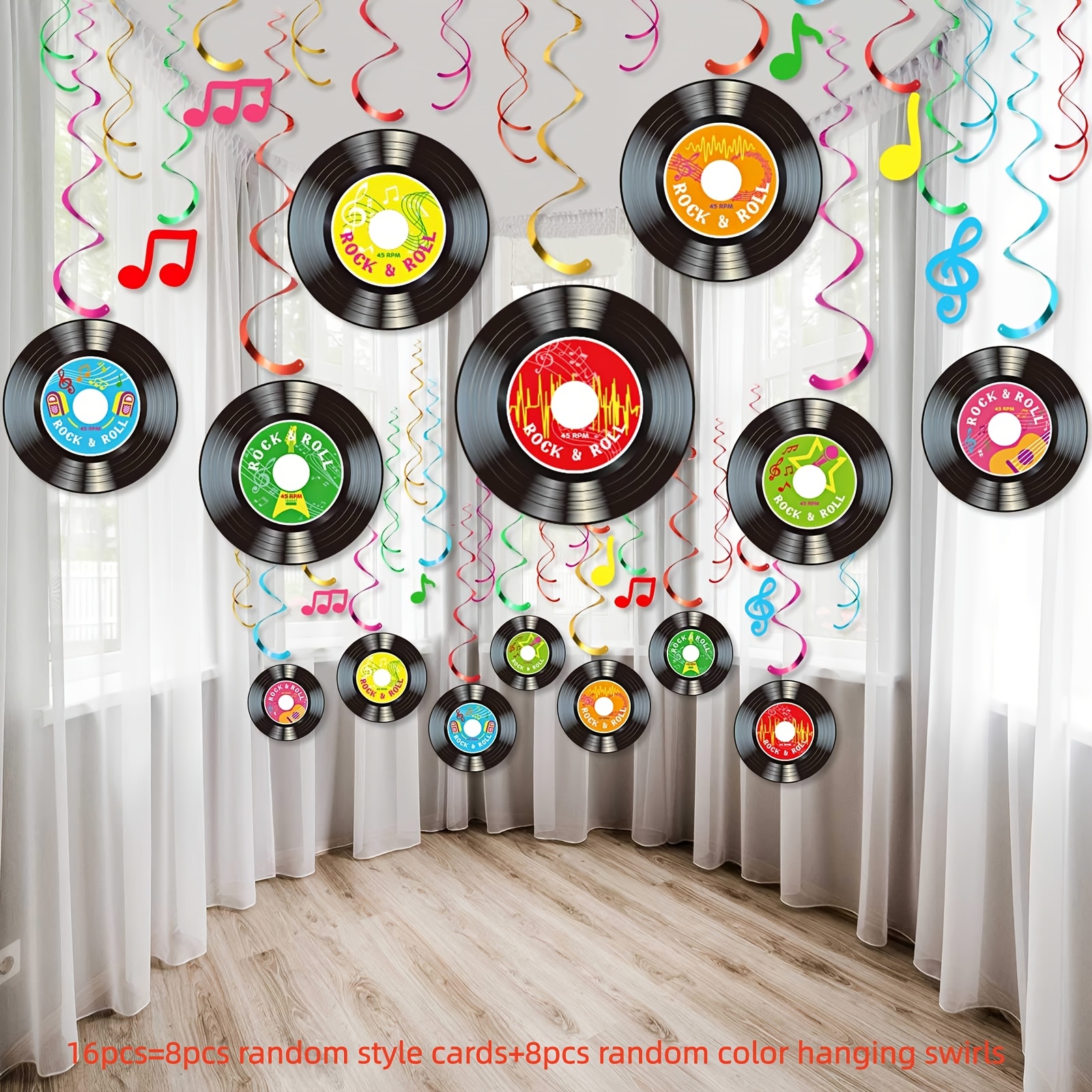TEMU 16/32/48pcs, 50s Record Cutout Hanging Swirls | Music Note Cutouts Hanging Swirls, Colorful Wall Sign, Ceiling Decor, Rock And Roll 50s Theme