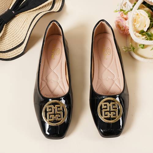 elegant glossy square toe flat low cut single shoe exquisite round decorative embellished spring summer outing date shopping all match style women shoes