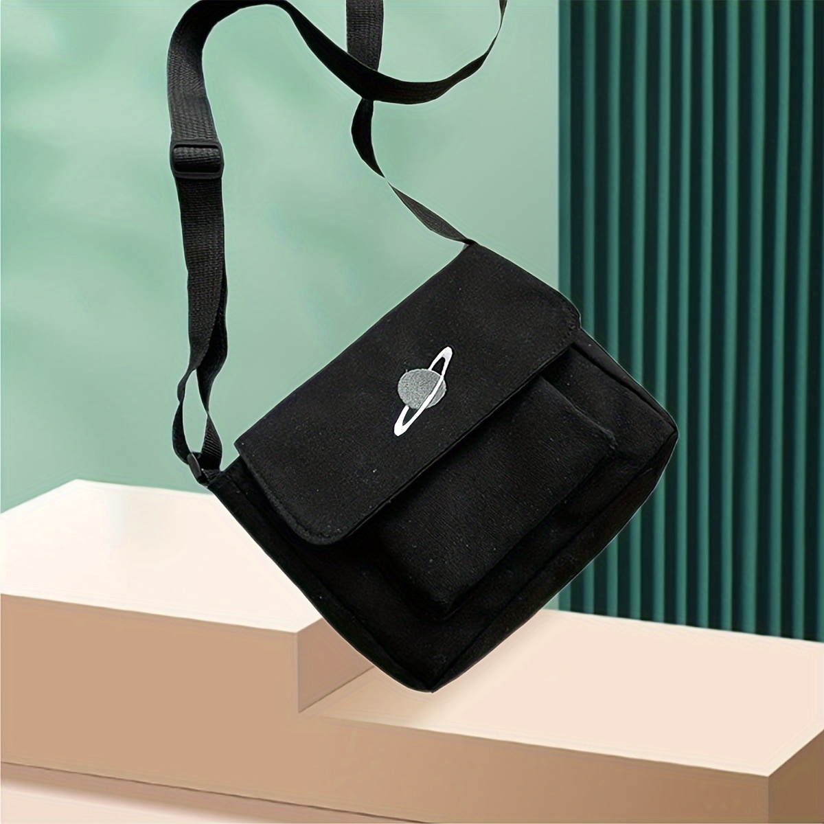 

Casual Canvas Messenger Bag | Crossbody Bag For Students | Single Shoulder Satchel | Black With Planet Design